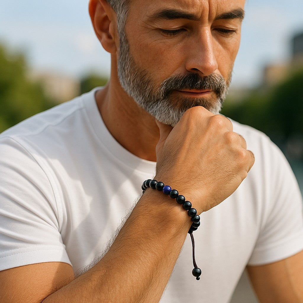 Hands Of Tibet Black Onyx Wrist Mala/Bracelet with Lapis Spacer for Meditation GMS-06