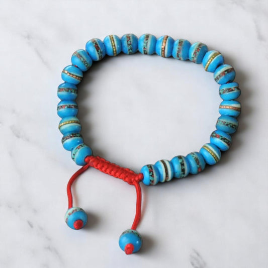 Tibetan Embedded Yak Bone Medicine Healing Wrist Mala for Meditation - Sky Blue