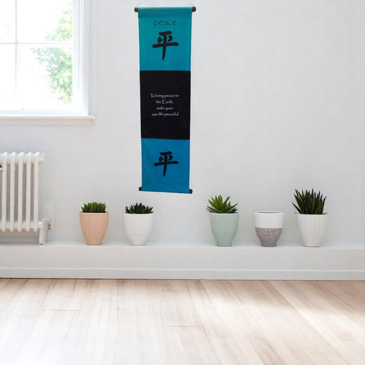 Large Cotton Peace Inspirational Yoga Banner Scroll Style (Turquoise)