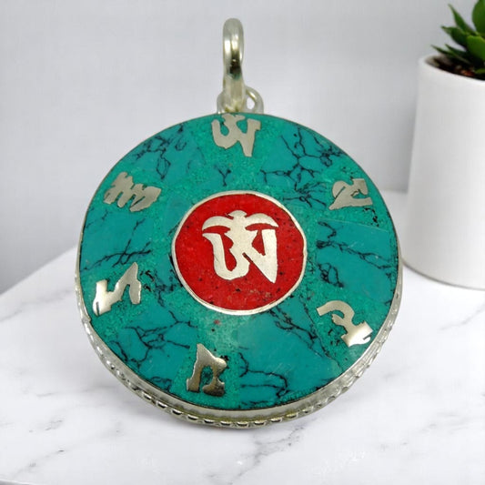 Hand Crafted Turqouise Coral Om Pendant From Nepal
