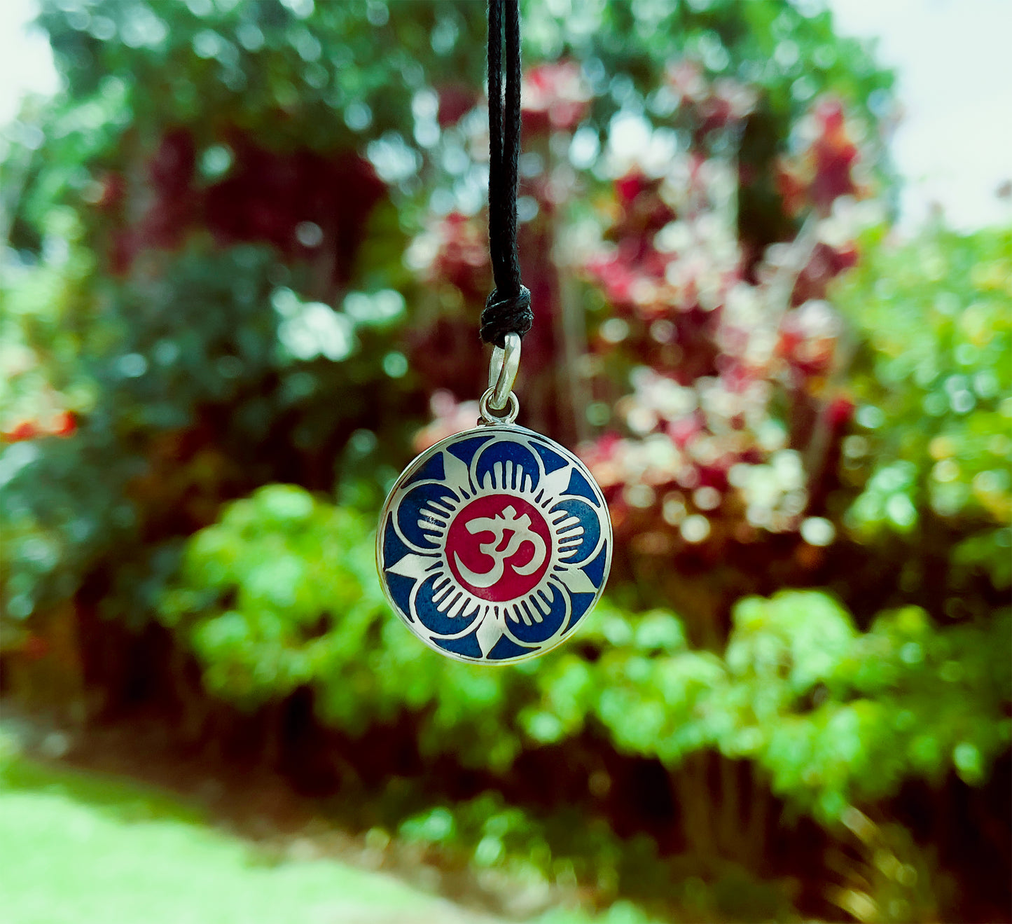 Handmade Tibetan Turquoise, Coral, Lapis Om Pendant from Nepal (Flower Om)