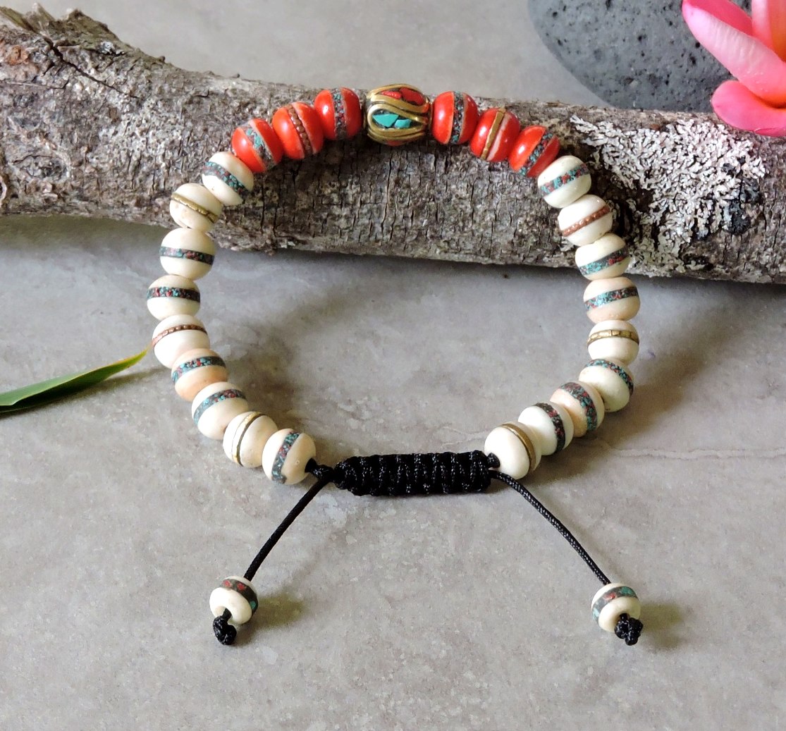 Tibetan Embedded Yak Bone Medicine Healing Wrist Mala for Meditation - White/Red/Multi-Bead