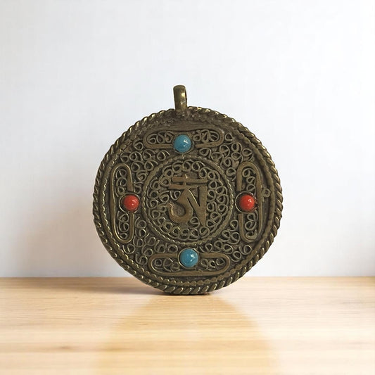 Handmade Tibetan Two Sided Brass Om Pendant (with Double Dorje)