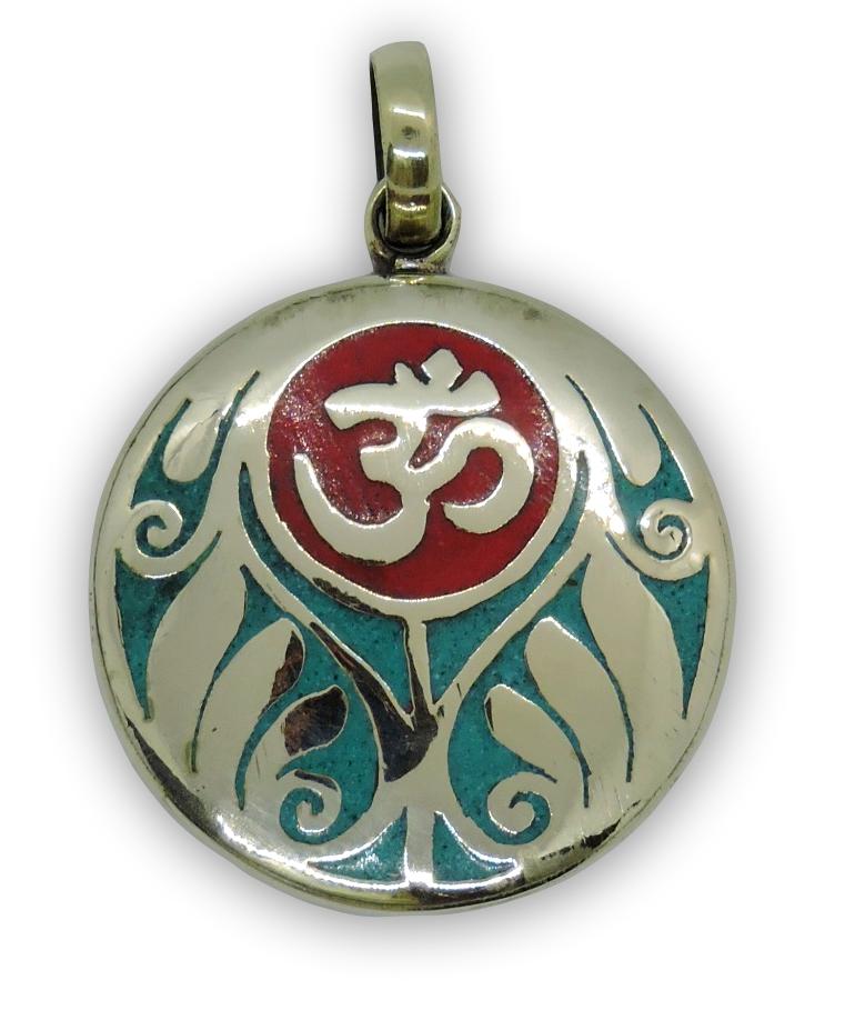 Handmade Tibetan Turquoise, Coral, Lapis Om Pendant from Nepal (Coral Om)