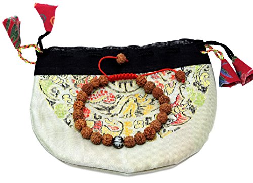 Hands Of Tibet Tibetan Mala Rudraksha Seed Wrist Mala Bracelet with Carved Om Mani Conch Shell Spacer Free Silk Pouch