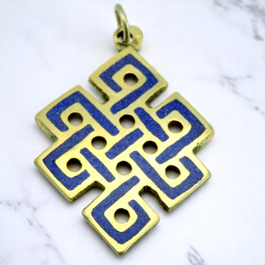 Hand Crafted Eternal Knot Lapis and Brass Pendant