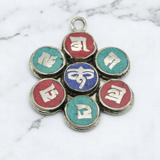 Handmade Lapis Lazuli Turquoise and Coral Om Mani Padme Hum Pendant