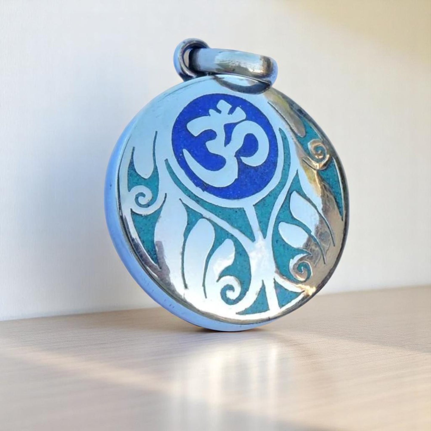 Handmade Tibetan Turquoise, Coral, Lapis Om Pendant from Nepal (Sanskrit Om)
