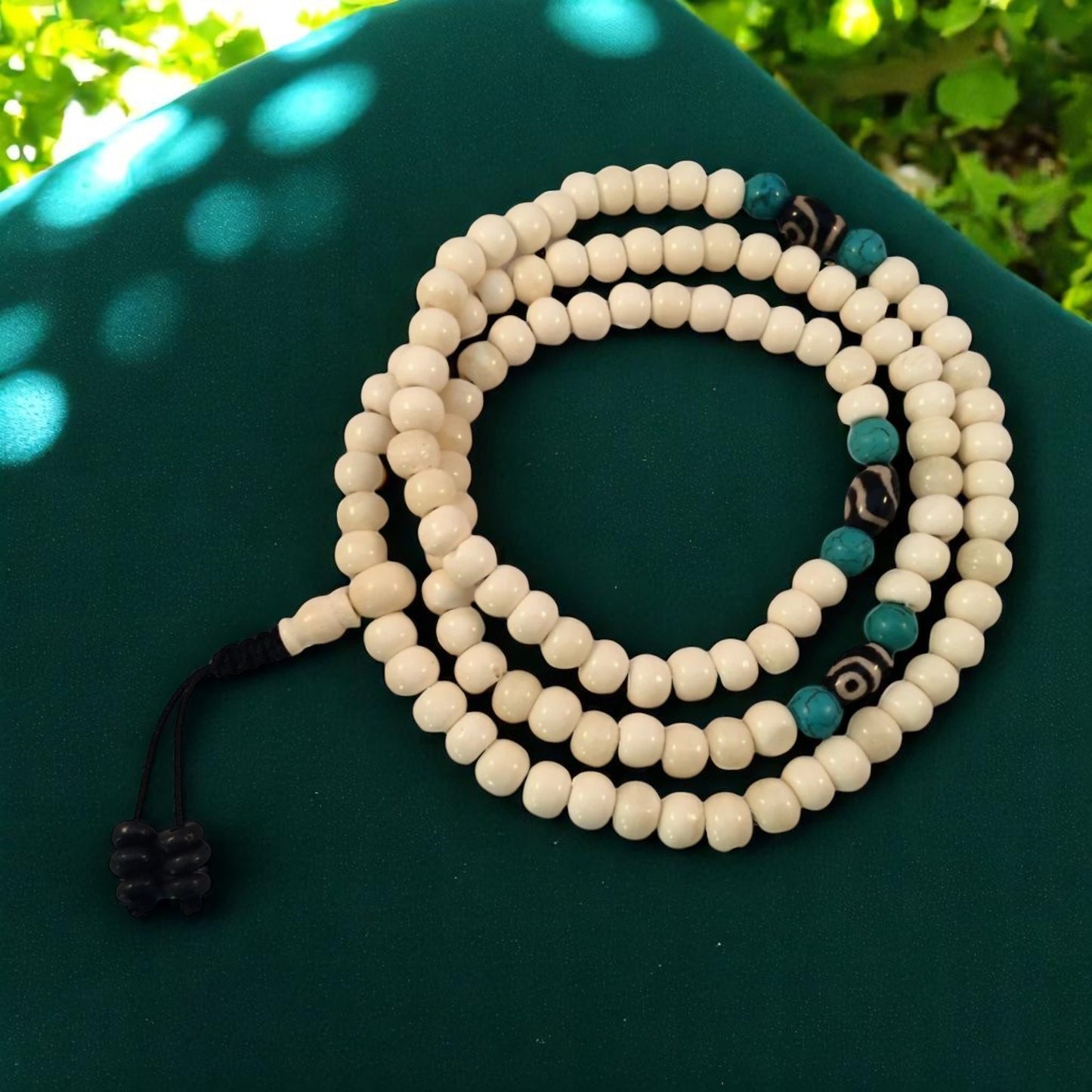 Yak bone mala 108 beads with two eye dzi