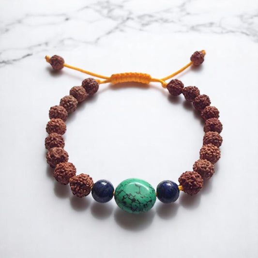 Rudraksha Tibetan Wrist Mala/Bracelet with Lapis and Large Turquoise Spacers