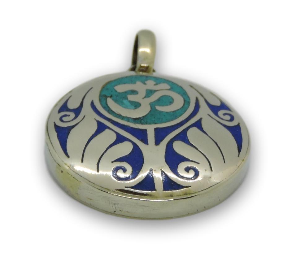 Handmade Tibetan Turquoise, Coral, Lapis Om Pendant from Nepal (Turquoise Om)