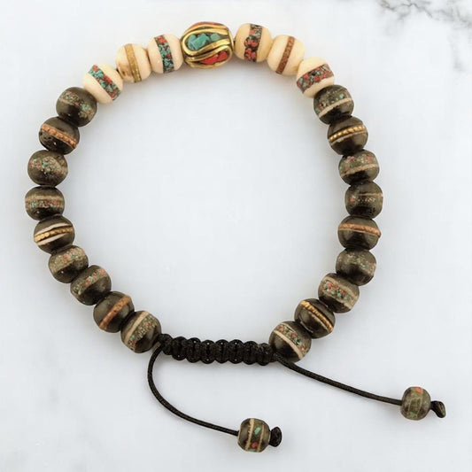 Embedded Medicine Bracelet Healing Beads Adjustable Wrist Mala (Black/White)