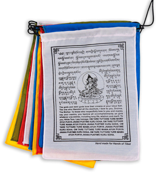 Handmade White Tara Prayer Flags with English Translation (6X8)