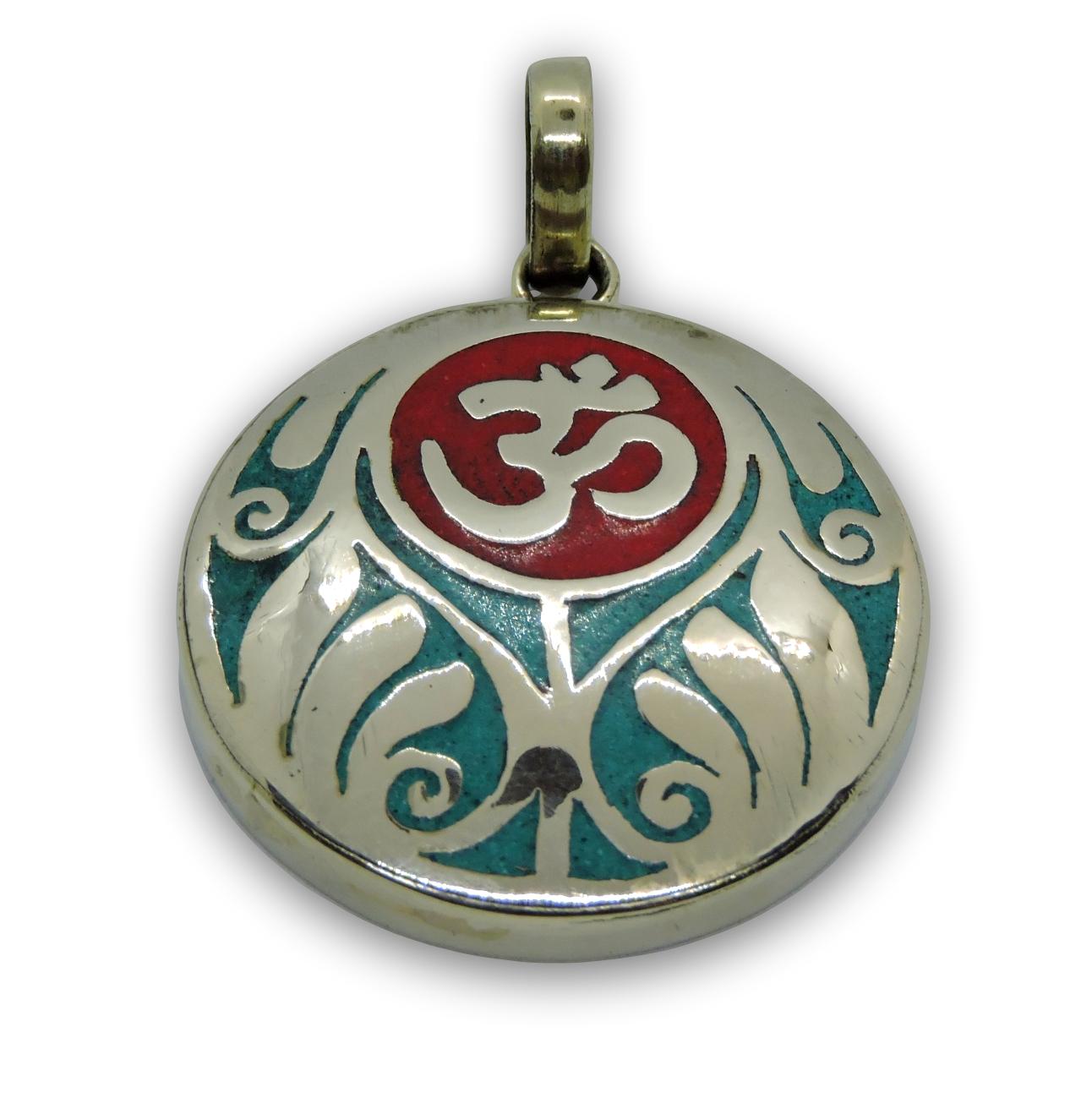 Handmade Tibetan Turquoise, Coral, Lapis Om Pendant from Nepal (Coral Om)