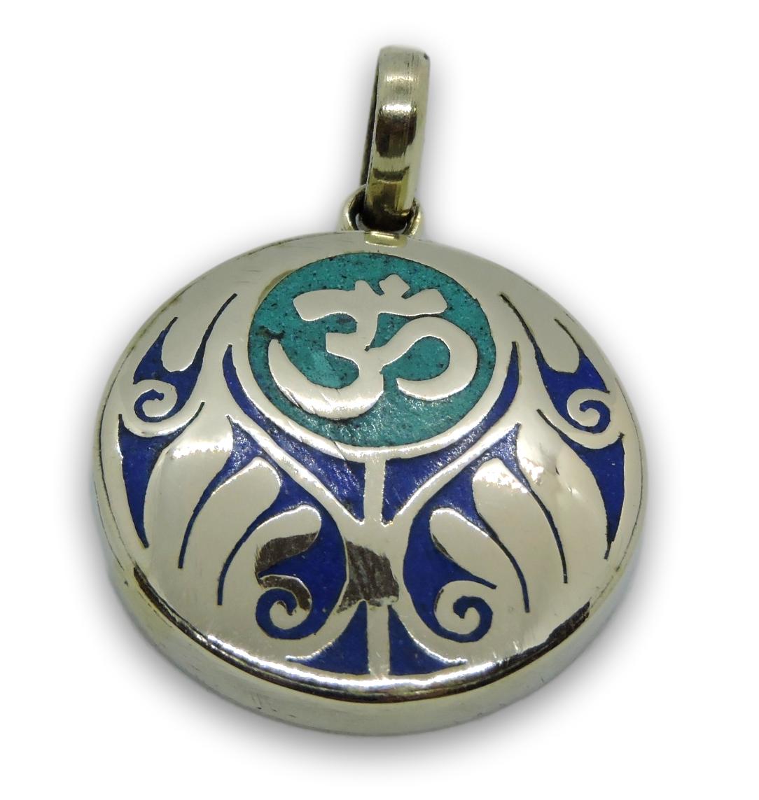 Handmade Tibetan Turquoise, Coral, Lapis Om Pendant from Nepal (Turquoise Om)