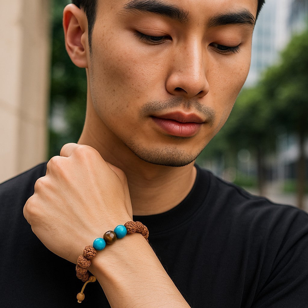 Rudraksha Tibetan Wrist Mala Yoga Bracelet with Turquoise and Tiger Eye Spacers