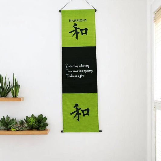 Large Cotton Harmony Inspirational Yoga Banner Scroll Style (Olive Green)