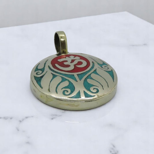 Handmade Tibetan Turquoise, Coral, Lapis Om Pendant from Nepal (Coral Om)