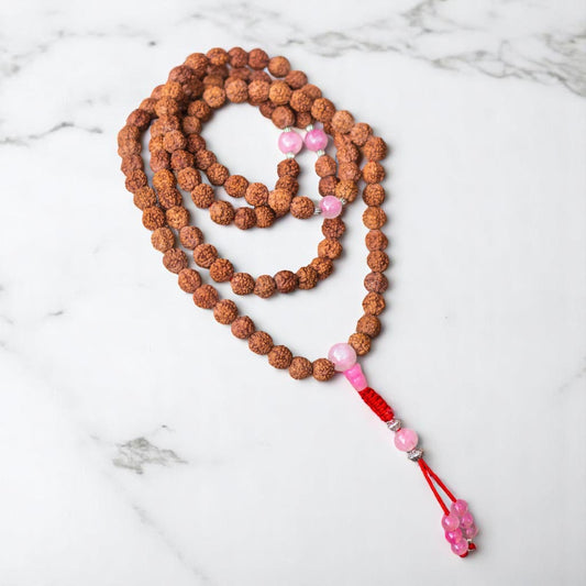 Rudraksha 108 Mala with Rose Quartz Spacers