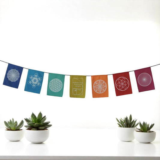 Sacred Geometry Prayer Flags Positive Energy Shri Yantra flower of life, 6X8"