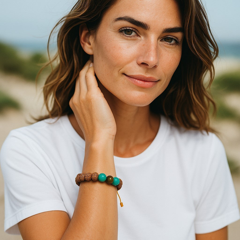 Rudraksha Tibetan Wrist Mala Yoga Bracelet with Turquoise and Tiger Eye Spacers