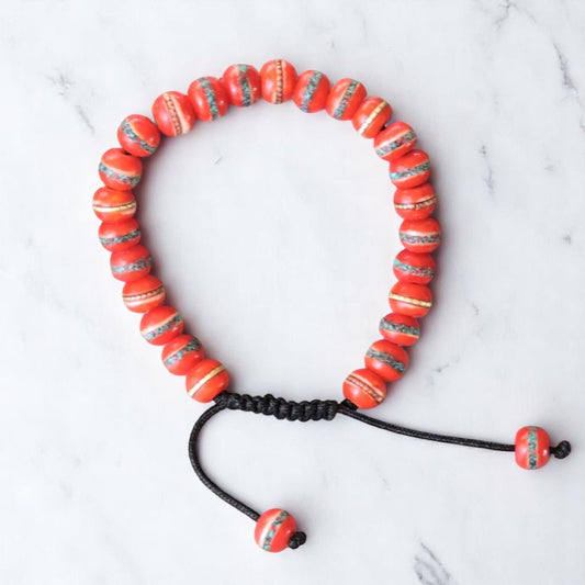 Tibetan Embedded Yak Bone Medicine Healing Wrist Mala for Meditation - Red