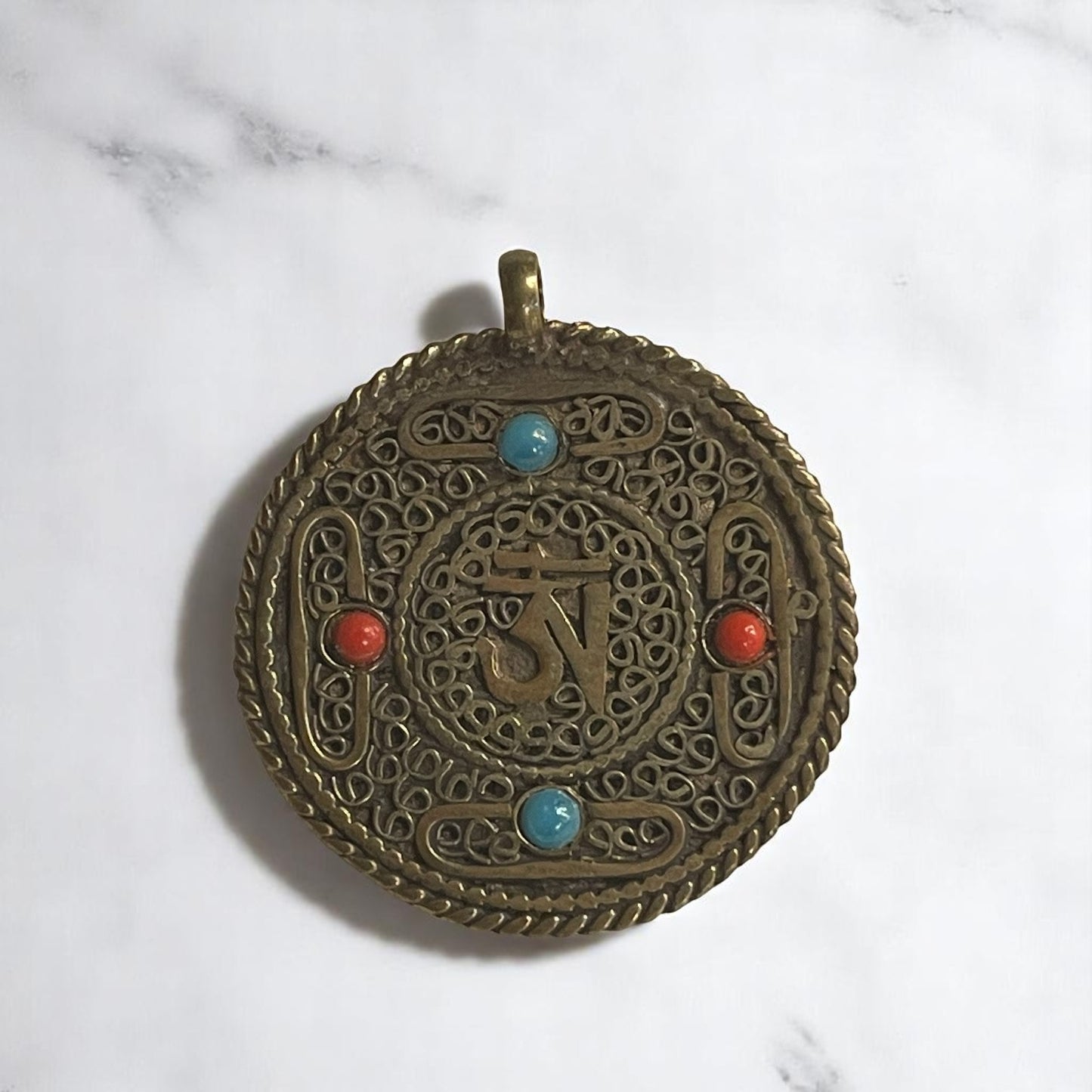 Handmade Tibetan Two Sided Brass Om Pendant (with Double Dorje)