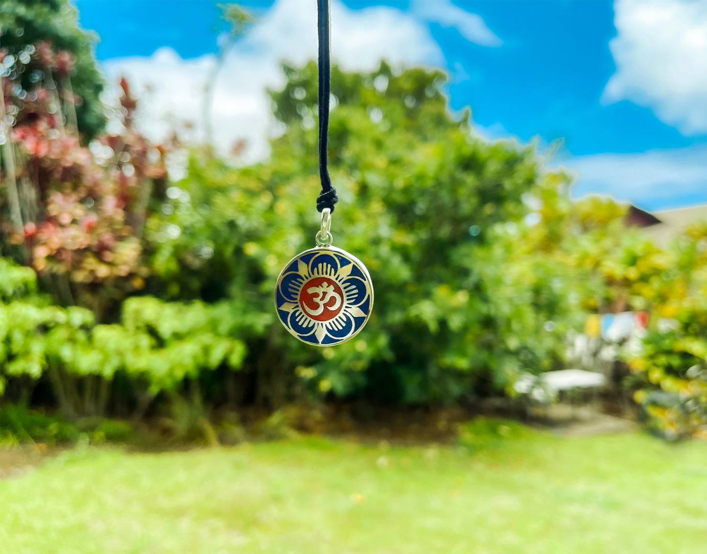 Handmade Tibetan Turquoise, Coral, Lapis Om Pendant from Nepal (Flower Om)