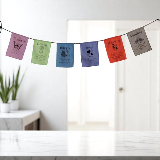 Handmade Believe, Dream, Happy, Love, Wisdom, Mindful Affirmation Prayer Flags (Mindful 9X12) Each String has six vibrantly Colored Flags and Handmade with Love.