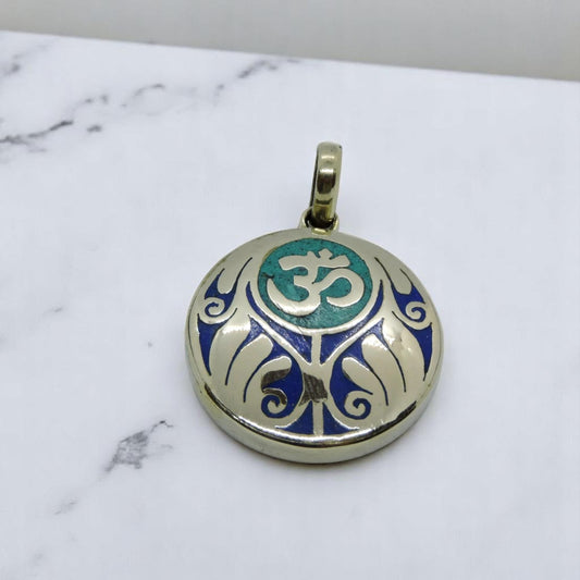 Handmade Tibetan Turquoise, Coral, Lapis Om Pendant from Nepal (Turquoise Om)