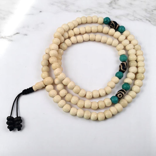 Yak bone mala 108 beads with two eye dzi