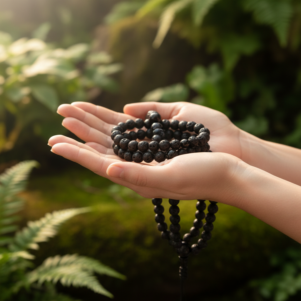 Volcanic Lava & Black Onyx Mala Necklace | Grounding Meditation Mala | Essential Oil Diffuser | Root Chakra | 108 Beads |