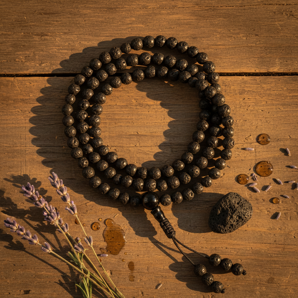 Volcanic Lava & Black Onyx Mala Necklace | Grounding Meditation Mala | Essential Oil Diffuser | Root Chakra | 108 Beads |