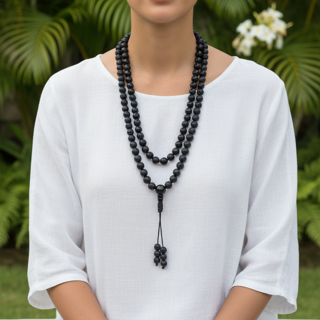 Volcanic Lava & Black Onyx Mala Necklace | Grounding Meditation Mala | Essential Oil Diffuser | Root Chakra | 108 Beads |
