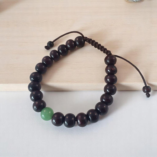 Dark Rosewood Tibetan Wrist Mala Bracelet with Green Jade Spacer