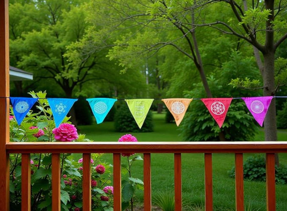 Triangle Sacred Geometry Prayer Flags – 7 Handmade Flags for Positive Energy, Yoga & Meditation Decor
