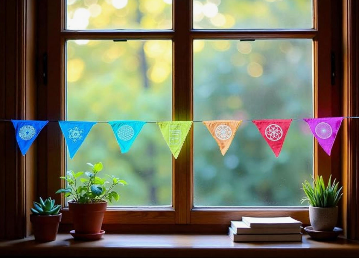 Triangle Sacred Geometry Prayer Flags – 7 Handmade Flags for Positive Energy, Yoga & Meditation Decor